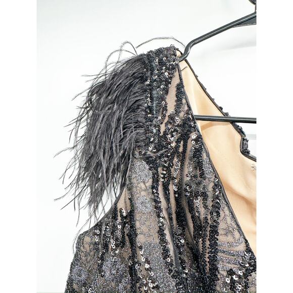 Mac Duggal 79339 Black Embellished Feather Cap Sleeve Midi Dress Size 18 New - Picture 6 of 9